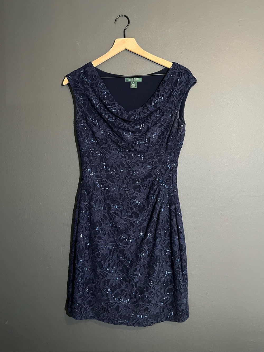 Ralph Lauren Navy Blue Sequin Lace Cocktail Mini Dress Size 6